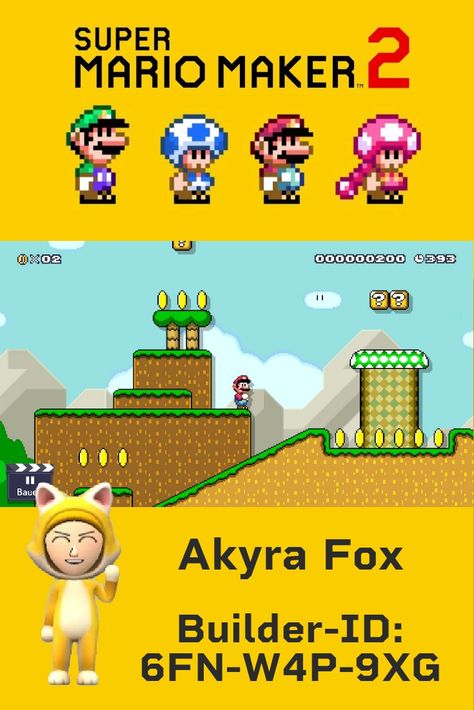 Super Mario Maker 2
Akyra Fox - my Builder-ID: 6FN-W4P-9XG Super Mario Maker 2, Super Mario, Nintendo, Mario, Fox