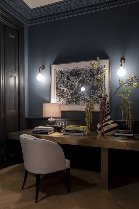 Grey Blue Office Ideas, Blue Gray Office Walls, Moody Office Women, Hague Blue Office, Deep Blue Office, Midnight Blue Office, Blue And Brown Office, Stiffkey Blue Bedroom, Office Interior Design Blue