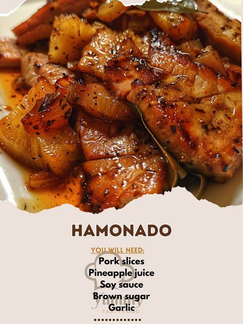 🌟 Experience the sweet and savory delight of Hamonado! A Filipino favorite! #TasteOfHome Hamonado Ingredients: Pork slices Pineapple juice Soy sauce Brown sugar Garlic Bay leaves Pepper Instructions: Marinate pork in pineapple juice, soy sauce, sugar, and garlic overnight. Cook pork in marinade with bay leaves and pepper until tender. 🍍🍖 Bring a touch of Filipino tradition to your table with this succulent, sweet pork dish. Ideal for family gatherings. Celebrate culture with #HamonadoHeaven! Filipino Tradition, Sweet Pork, Marinated Pork, Bay Leaves, Pork Dishes, Sweet And Savory, Taste Of Home, Pineapple Juice, Family Gatherings