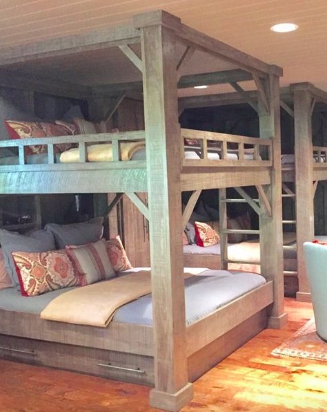 King Over King Bunk Bed, King Size Bunk Bed Ideas, Queen Bunk Bed Ideas, Homemade Bunk Beds, King Size Bunk Bed, Built In Bunk Beds, Bunk Bed Plan, Beds Loft, Wall Facade