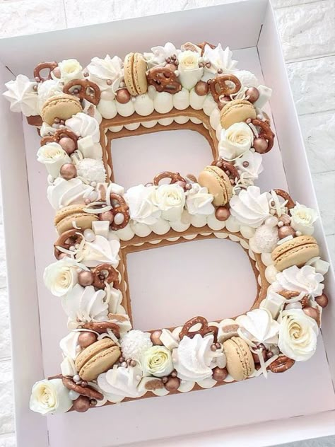 Letter Tart Cake, Number Tart Cake, Letter Cakes Ideas Happy Birthday, Letter Cake For Men, Boho Number Cake, Cream Tart Decoration, S Letter Cake Design, Alphabet Cake Birthday Letters, Letter Cakes Ideas Initials