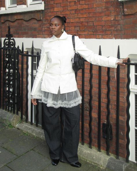 Another LFW look 🫶🏾📸 wearing @lowclassic_seoul @ssense • • • • • • • #outfitinspo #streetwearfashion #AW24fw #lfw #londonfashionweek #fashioncreator #londonfashion #streetstyle #londoncreatives #discoverunder50k #londonfashionblogger #digitalcamera Tutu Over Jeans, Dress Over Trousers Outfit, Pants Under Dress Outfits, Cool Layered Outfits, Black Bottoms Outfit, What To Wear To A Play, How To Layer Clothes For Winter, French Aesthetic Fashion, Layering Outfits Winter