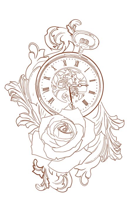 Filigree Clock Tattoo Design, Clock With Rose Tattoo Design, Clock Rose Tattoo Stencil, Clock Stencils Tattoo, Clock Tattoos For Women Half Sleeves, Clock Design Tattoo, Rose Clock Tattoo Design, Clock Drawing Tattoo, Pocket Watch Tattoo Stencil