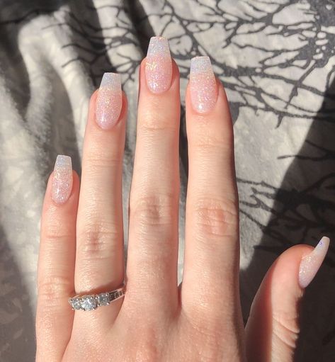 Clear Simple Acrylic Nails, Simple Acrylic Nails With Glitter, Clear Sparkly Nails Acrylic, Slightly Sparkly Nails, Simple Glitter Nails Acrylic, Cute Simple Glitter Nails, Sparkly Acrylic Nails Coffin Glitter, Prom Sparkly Nails, Clear And Glitter Nails