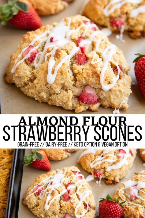 Easy Almond Flour Strawberry Scones made grain-free and dairy-free with a keto option. Soft and moist on the inside, crispy on the outside! This easy one-bowl scone recipe requires zero baking experience! #grainfree #paleo #strawberry #healthy Keto Scone Recipes, Healthy Scone Recipe, Almond Flour Strawberry Recipes, Healthy Gf Desserts, Healthy Gluten Free Treats, Gf Strawberry Dessert, Almond Flour Baked Goods, Almond Flour Scones Recipe Easy, Keto Scones Recipe Easy