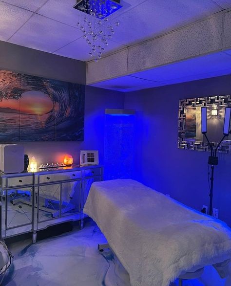 Light Blue Esthetics Room, Facial Rooms Ideas, Blue Esthetician Room, Purple Facial Room, Blue Lash Room, Blue Lash Aesthetic, Blue Estitichian Spa, Esthetician Led Sign, Solo Esthetician Room