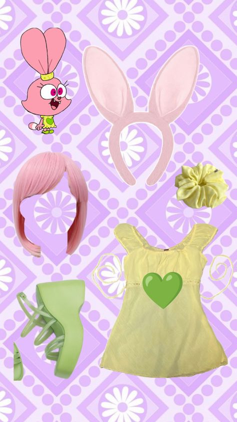 Moodboard with Panini from Chowder, pale dress with green heart for cosplay, green shoes, pink bunny ears and wig, and pale yellow scrunchie, with a light purple background. Chowder Cartoon Network, Chowder Cartoon, Cartoon Halloween Costumes, Cute Couples Costumes, Scary Halloween Decorations Outdoor, Horror Halloween Costumes, Unique Halloween Costumes, Scary Halloween Decorations, Cosplay Diy