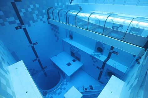 Underwater Hotel Room, Deepest Swimming Pool, Underwater Hotel, Diving Pool, Sci Fi Architecture, Underwater Caves, Indoor Skydiving, Deep Diving, Pool Rooms