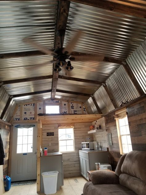 Tin Interior Ceiling, Tiny Home Ceiling Ideas, Tiny House Ceiling Ideas, 12x28 Tiny House, Cabin Ceiling Ideas, Silo House Interior, Shed Ceiling Ideas, Rustic Tin Ceilings, Shed House Interior