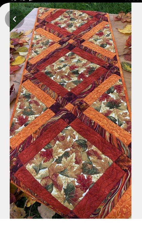 Fall Table Runners Patterns Free, Fall Table Runner Patterns, Seasonal Palette, Dark Red Background, Quilted Table Runners Patterns, Quilt Sewing Patterns, Fall Table Runners, Bright Fabrics, Quilted Table Toppers