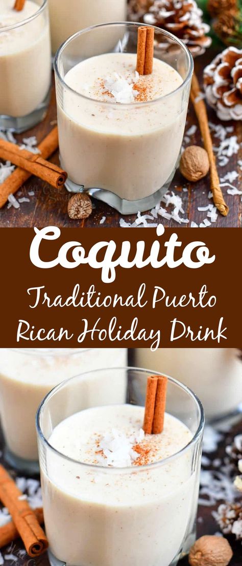 Coquito (pronounced coh-kee-toe) is a traditional Puerto Rican holiday drink that is smooth, thick, and creamy. It’s sweet and has a pronounced coconut flavor. Make this coquito recipe for a delicious Christmas drink that feels like a tropical dessert and cocktail all in one! Christmas Puerto Rican Recipes, Virgin Coquito Recipe Puerto Rican, The Best Coquito Recipe, Puerto Rican Coconut Dessert, Coconut Coquito Recipe, Traditional Coquito Puerto Rico, Creamy Coquito Recipe, Coquita Drink, Keto Coquito Recipe