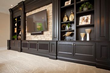 Basement Media traditional-basement Diy Entertainment Center Ideas, Entertainment Center Ideas, Built In Bookshelves, Entertainment Center Design, Built In Entertainment Center, Diy Entertainment, Entertainment Center Shelf, Living Room Entertainment Center, Home Entertainment Centers