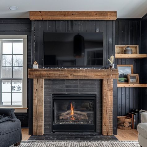 Chelsea Houska House Interior, Tv Wall With Fireplace Design, Black Tile Around Fireplace, Drywall Fireplace With Mantle, Dark Shiplap Fireplace, Black Corner Fireplace, Black Wood Fireplace, Moody Family Room, Faux Fireplace Surround