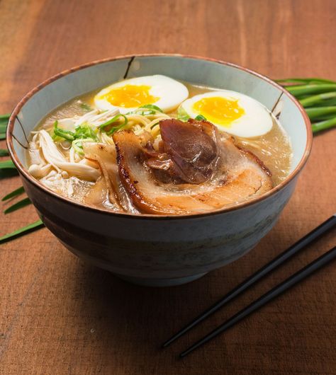 tonkotsu ramen broth at home  Tonkotsu ramen broth is simply pork bones cooked at a rolling boil for 12 hours. The process extracts all the goodness of the pork and turns the broth creamy white.   Courseside   CuisineJapanese   Prep Time30minutes minutes   Cook Time12hours hours   Total Time12hours hours 30minutes minutes   Servings8 cups   Calories8kcal   Authorromain | glebekitchen      Ingredients  6 lbs pork bones with a little meat on them. Pork neck bones work well.  4 oz white mushrooms sliced  1 onion Pork Bone Broth, Pork Bones, Japanese Ramen Noodles, Pork Ramen, Ramen Broth, Best Ramen, Pork Broth, Tonkotsu Ramen, Ramen Restaurant