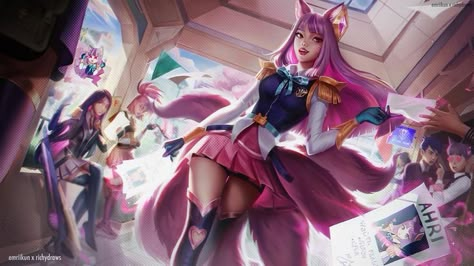 • @emriikun in collaboration with @richydraws on twitter Academy Ahri, Battle Academia, Ahri Skins, Ahri Wallpaper, Ahri Lol, League Of Legends Comic, Champions League Of Legends, Ahri League, League Of Legends Characters