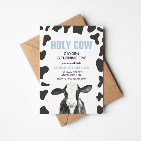 Holy Cow I'm One blue Plaid Birthday Invitation - Birthday Invitation Farm Birthday Party Invitations, 82nd Birthday, Birthday Watercolor, Cow Birthday, Farm Birthday Party, Boy Birthday Invitations, Watercolor Blue, Happy 1st Birthdays, Holy Cow