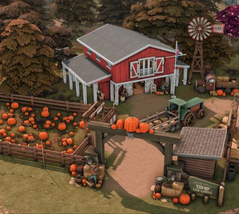 Sims Halloween House, Sims 4 Farm Build, Bloxburg Pumpkin Patch, Minecraft Pumpkin Patch, Sims Farm, Sims 4 Seasons, Sims Lots, Pumpkin Patch Farm, Fall House