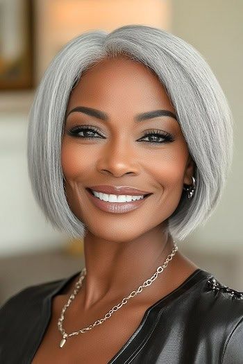 Save this pin for the best gray bob hairstyles for older women. This gorgeous silver bob truly showcases the beauty of gray hair. The sleek, straight style allows the multidimensional tones of silver and gray to shine. Short Bob Grey Wigs, Salt And Pepper Bob Hairstyles, Silver Grey Bob Hairstyles, Grey Natural Hair Black Women, Silver Hair On Dark Skin, Gray Bob Hairstyles Over 50, Silver Bob Haircut, Gray Silver Hair Color, Silver Hair Bob