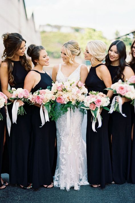 Blush Pink And Black Wedding Bridesmaid Dress, Black Bridesmaid Dress With Pink Flowers, Black And White Wedding With Colorful Florals, Black And White Wedding With Pink Accent, Black Bridesmaid Dresses Pink Flowers, Black And White Wedding With Pops Of Color, Black And White Wedding With Colorful Flowers, Black Bridesmaid Dresses With Colorful Flowers, Black Bridesmaid Dresses Spring