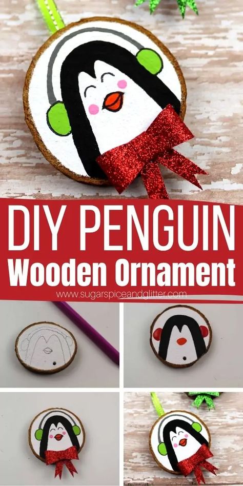 How to make your own DIY wood slice penguin ornaments with the kids. A Super simple step-by-step tutorial on how to make these rustic and cute ornaments - perfect for adding to your tree or using on Christmas wreaths Cute Ornaments To Make, Wood Slice Ornaments For Kids, Wood Slice Ornament Kids, Diy Penguin Ornament, Rustic Christmas Crafts, Class Christmas Gifts, Christmas Tree Ornament Crafts, Penguin Christmas Ornaments, Wood Slice Ornaments