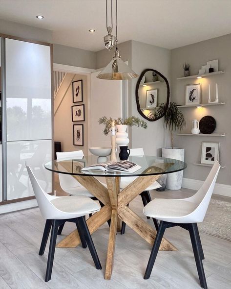 Round Table Kitchen Decor, Condo Dining Table Small Spaces, Small Round Glass Dining Table, Glass Round Table Decor, Circular Glass Dining Table, Modern Round Dining Room Table Wood, Glass Dining Table Round, Circle Dining Table Design, Apartment Round Dining Table