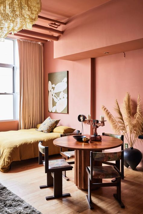 Pink Bedroom Ceiling, Pink And Brown Interior, Terracotta Pink Bedroom, Pink Paint Bedroom, Pink Living Room Paint, Earthy Pink Paint, Coloured Ceiling, Apartment Pink, Pink Interior Design