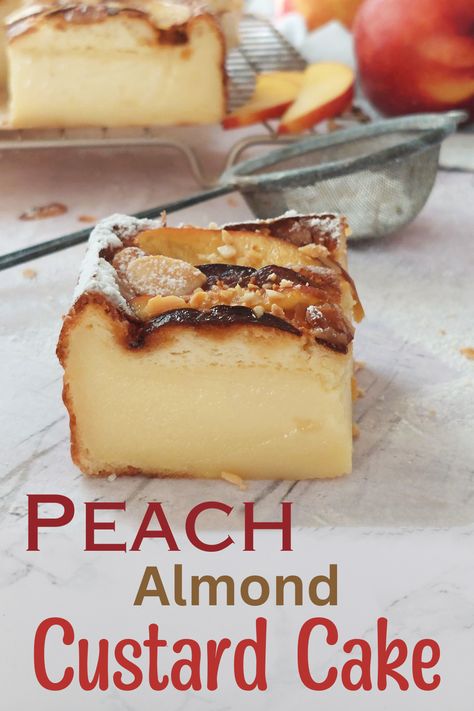 Enjoy the enchanting delight of this rustic Peach Almond Custard Cake. It's a truly magical recipe that charms with its simplicity and delectable flavors.

As it bakes, the batter works its magic, creating three distinct layers.

At the base, a creamy custard forms, while the center forms a soft, spongy cake layer. On top, a light and fluffy layer forms. Layered Custard Dessert, Peach And Almond Cake, Spiced Plum Custard Cake, Magic 3 Layer Custard Cake, Almond Apricot Cake, Almond Custard, Carb Cycle, French Cooking Recipes, Custard Pies