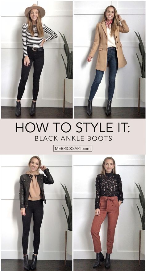 4 ways to wear it: black bootie outfits Fall Work Outfits Boots, Outfits With Small Boots, Black Boot Outfits Fall, Heeled Black Ankle Boots Outfit, Dress Pants With Ankle Boots Work, Brown Bootie Outfits Winter, Bootie Work Outfit, Work Outfit With Chelsea Boots, Work Outfits Chelsea Boots