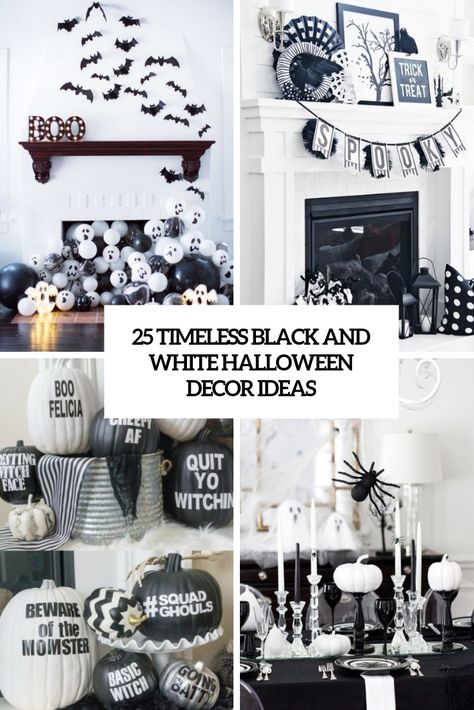 Halloween Decorations Black And White, Black And White Halloween Mantle, Black White Halloween Decor, Black And White Pumpkin Decor, White Halloween Decorations, Black And White Decor Ideas, Black And White Halloween Party, Halloween Decor Diy Indoor, Black And White Halloween Decor