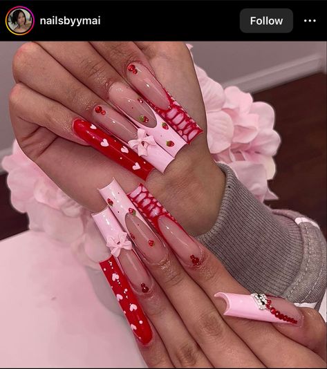 Red and pink heart long french tip nails pink bow strawberry crystal Valentine Nails Pink, Ongles Bling Bling, Pedicure Tips, Vday Nails, Red Acrylic Nails, Nail Designs Valentines, Colored Acrylic Nails, Long Square Acrylic Nails, Black Artwork