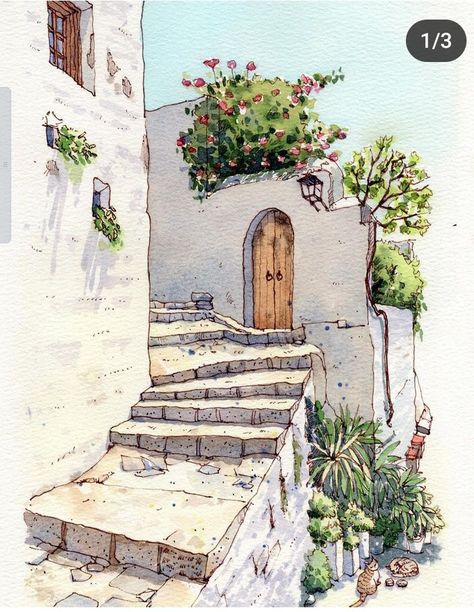 Watercolor Street Scenes, Pen And Ink Drawings With Watercolor, Urban Sketching Watercolors, Watercolor Landscape Tutorial, Greece Painting, Watercolor House Painting, Map Watercolor, Watercolor Art Landscape, Watercolor Paintings Nature