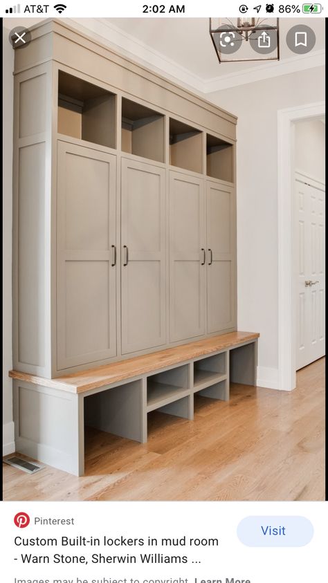 Grey And White Hallway, Mudroom Cubbies, Mudroom Remodel, Farmhouse Mudroom, Built In Lockers, Mudroom Cabinets, Mud Room Entry, Room Storage Diy, Mudroom Lockers