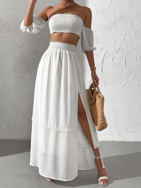 Off Shoulder Shirred Tie Back Crop Top & Split Thigh Skirt Set | SHEIN USA Two Piece White Outfit Skirt, Two Piece Maxi Skirt Set Boho, Two Piece Outfits Skirt, Caribbean Summer, Lengha Blouse Designs, Two Piece Dress Casual, Thigh Skirt, Tie Back Crop Top, Skirt Set Two Piece