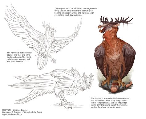 peryton-final-concept-BrynnMetheney Peryton Mythology Art, Peryton Art, Peryton Mythology, Dragons 5e, Mythical Monsters, Mythical Creatures Fantasy, Dungeons And Dragons 5e, Mountain Ranges, Curious Creatures