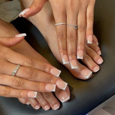 French Hands And Toes, French Tip Matching Nails And Toes, Hand And Toes Nails Matching, French Tip Hands And Toes, French Nails And Toes Matching, White Nails And Toes Matching, Matching Hands And Toes Nails, Cute Nails And Toes Matching, Matching French Tip Nails And Toes