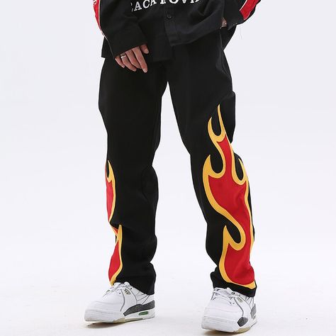 Flame Clothing, Flame Outfit, Pokemon Core, Cargos Streetwear, Loose Jeans Outfit, Flame Pants, Flame Embroidery, Fire Pants, Y2k Fashion Outfit