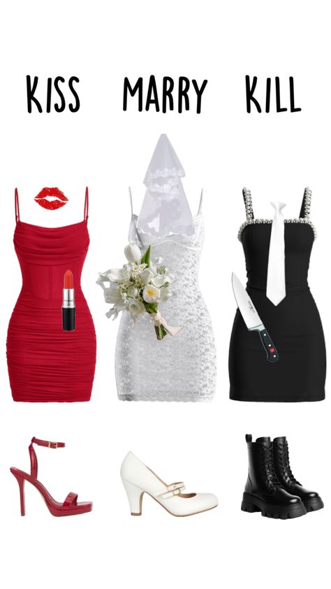 Kiss marry kill costume inspo #kissmarrykill #costumeinspo #inspo #fyp #halloween Kiss Marry Kill Costume, Kiss Halloween Costumes, Kill Costume, Kiss Marry Kill, Halloween Kiss, Kiss Costume, Joker Halloween Costume, Trio Costumes, Cute Group Halloween Costumes