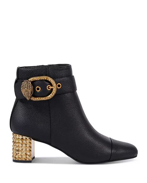 KURT GEIGER LONDON Women's Mayfair Eagle Head Buckle Black High Heel Ankle Boots | Bloomingdale's Black Block Heels, Block Heel Ankle Boots, Eagle Head, High Heel Boots Ankle, Ladies Of London, Brass Buckle, Black High Heels, Kurt Geiger, Black Leather Boots