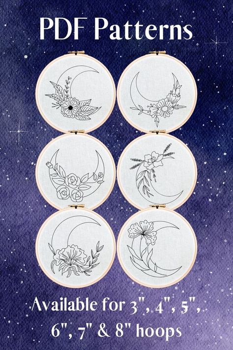 beginner embroidery	embroidery pattern	printable	moon	flowers	floral	witch	wicca	goth	alternative	nature	subversive	punch needle Pagan Embroidery Patterns, Embroidery Moon Pattern, Witchy Embroidery Patterns Free, Goth Embroidery Patterns, Witchy Embroidery Patterns, Witch Embroidery Ideas, Moon Embroidery Pattern, Back Outline, Witchy Embroidery