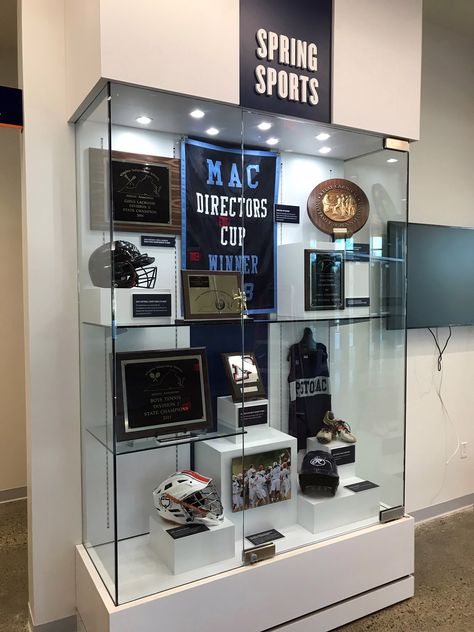 The Potomac School trophy case build; Dimensional letter graphics and build. Large format graphics.  McLean, VA Trophy Cabinet Ideas, School Trophy Case Ideas, School Trophy, Trophy Cabinets, Sport Rack, School Hall, Trophy Case, Show Case, Environmental Graphics