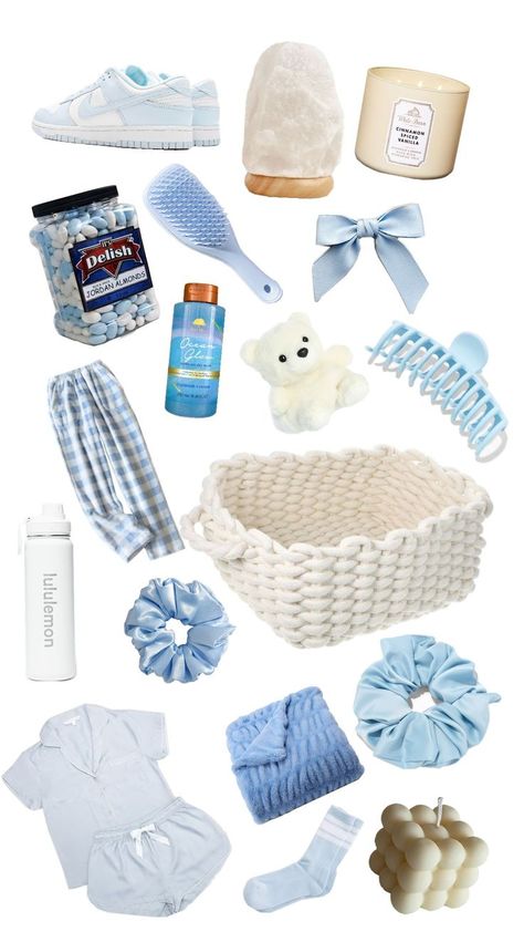 Light Blue Gift Basket Ideas, Blue Basket Gift Ideas, Blue Gift Basket Ideas, Blue Themed Gift Baskets, Blue Gift Basket, Blue Basket, White Basket, Blue Baskets, Birthday Basket