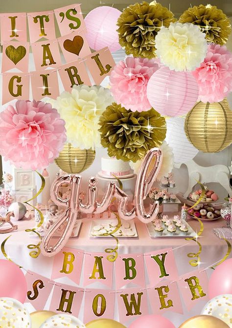 Baby Shower Decorations For Girl, Lantern Party Decor, Gold Baby Shower Decorations, Pink Baby Shower Decorations, Its A Girl Banner, Paper Lanterns Party, Gold Party Decorations, Girl Baby Shower Decorations, Gold Baby Showers