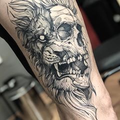 Lion+skull  Healed  #fredaooliveira #blackwork #tattoo Lion Skull Tattoo, Elephant Family Tattoo, Lion Skull, Skull Rose Tattoos, Skull Girl Tattoo, Tattoos Black, Lion Head Tattoos, Skull Tattoo Design, Arrow Tattoos