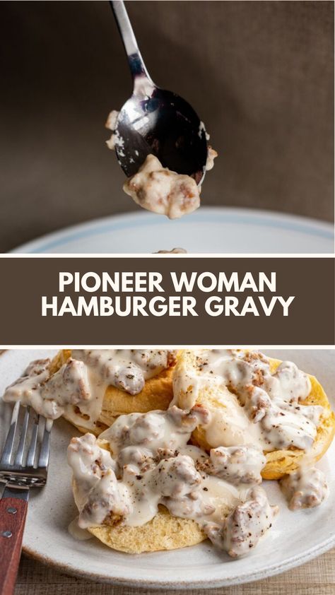 Pioneer Woman’s Hamburger Gravy is made with only four ingredients ground beef, flour, milk, and seasonings, takes just 20 minutes to prepare and is perfect for a full meal dinner. Pioneer Woman Ground Beef And Gravy Over Mashed Potatoes, Hamburger Gravy On Toast, Hamburger In Gravy Recipes, Sos Recipe Ground Beef, Hamburger And Gravy, Ground Beef Comfort Food Recipes, Easy Hamburger Meat Recipes, Ground Beef Gravy, Ground Beef And Gravy