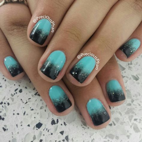 Ombre, mint and black nails. Galaxy?  :) Galaxy Dip Nails, Teal Nail Ideas Short, Teal And Gray Nails, Mint And Black Nails, Black And Blue Ombre Nails, Black And Teal Nail Designs, Turquoise And Black Nails, Teal And Black Nails, Teal Ombre Nails