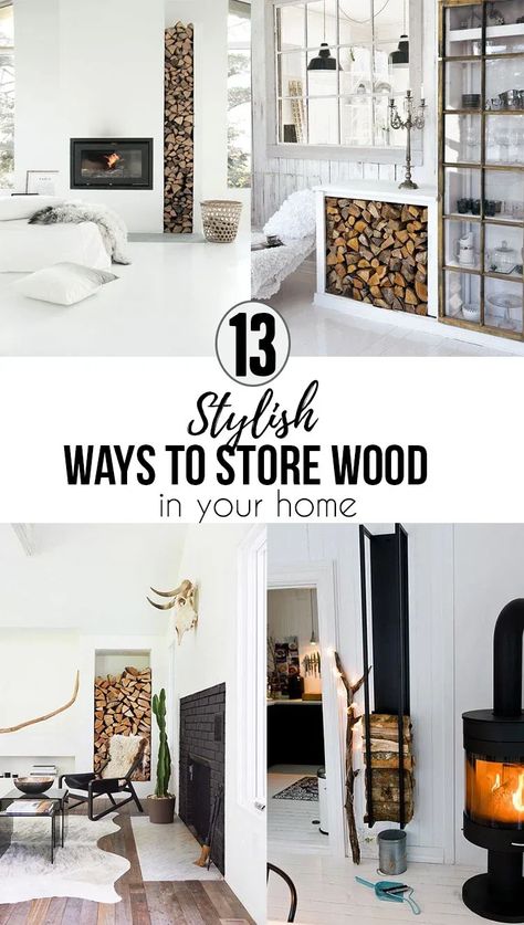 Stylish Ways To Store Wood in Your Home; cute and high style ways to hide or display wood in your home when you have a fire place or a wood burning stove. Bring on the heat and adorable piles of wood! #woodstove #fireplace #storingwood #woodpiles How To Store Firewood Inside, Firewood Display Living Rooms, Living Rooms With Wood Stoves, Fireplace Organization, Indoor Wood Storage, Wood Storage Fireplace, Log Store Indoor, Wood Holder For Fireplace, Indoor Wood Burning Fireplace