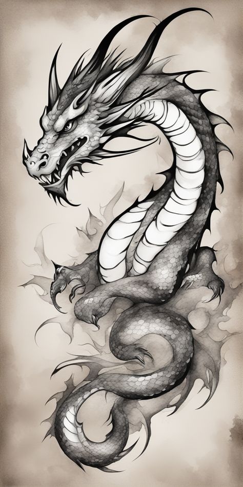 A striking watercolor-style tattoo design in black and white, featuring a highly detailed dragon placed on a blank canvas. The dragon is finely-drawn, embodying power, mystique, and elegance. Dragon Line Tattoo, Dragon Place, Dragon Line, Dragon Tattoo Art, Studio Tattoo, Guitar Painting, Black And White Sketches, Dragon Tattoo Designs, Style Tattoo