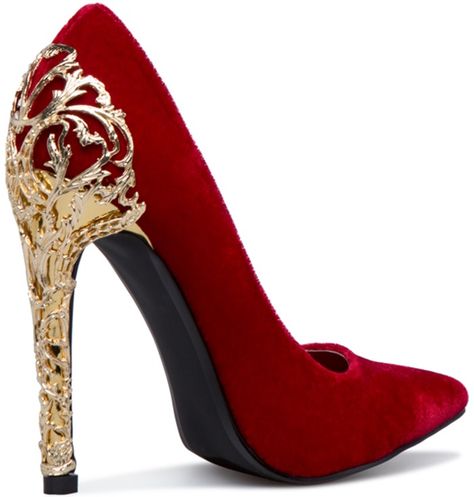 Embellished 'Krya' Pump With Gold Filigree Heel Quinceanera Heels, Quince Heels, Red Velvet Shoes, Black Heels Prom, Quinceanera Shoes, Red Fairy, Red Quinceanera Dresses, Fancy Heels, Heels Aesthetic