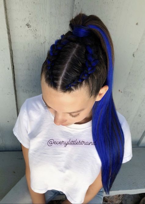 Rave Braids Ponytail, Kanekalon Hairstyles Ponytail, Hiphop Hairstyles Dance, Dutch Braid Ideas, Cornrow Updo Hairstyles, Color Ponytail, Ponytail Braid, Blue Ombre Hair, Girl Hair Dos