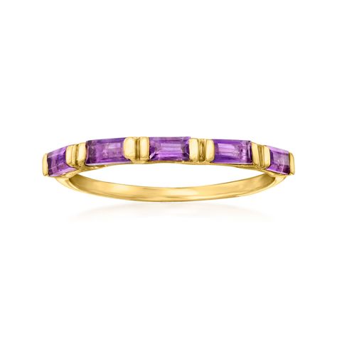 Ross-Simons - .40 ct. t. w. Amethyst Ring in 14kt Yellow Gold. Size 5. RS Pure. Modern designs that complete your outfit and complement your personality. Give your stack a splash of pretty purple with this dainty .40 ct. t. w. baguette amethyst ring. Set in polished 14kt yellow, it's perfect for pairing with all of your sunny minimalist jewelry. 1/16" wide. Amethyst ring. Amethyst birthstones are the perfect gift for February birthdays. Yellow Gold Amethyst Birthstone Ring, Amethyst Birthstone Ring, Diamond Ring Cuts, Amethyst Birthstone, Gold Starburst, Golden Ring, Amethyst Color, Pretty Purple, London Blue Topaz